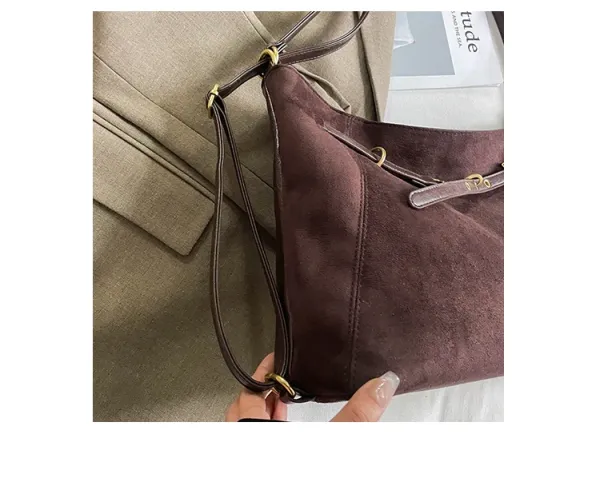 Design Suede Hobo Bag Black with Brown Leather Trim - 43