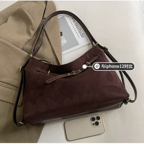 Design Suede Hobo Bag with Brown Leather Trim Black - 10