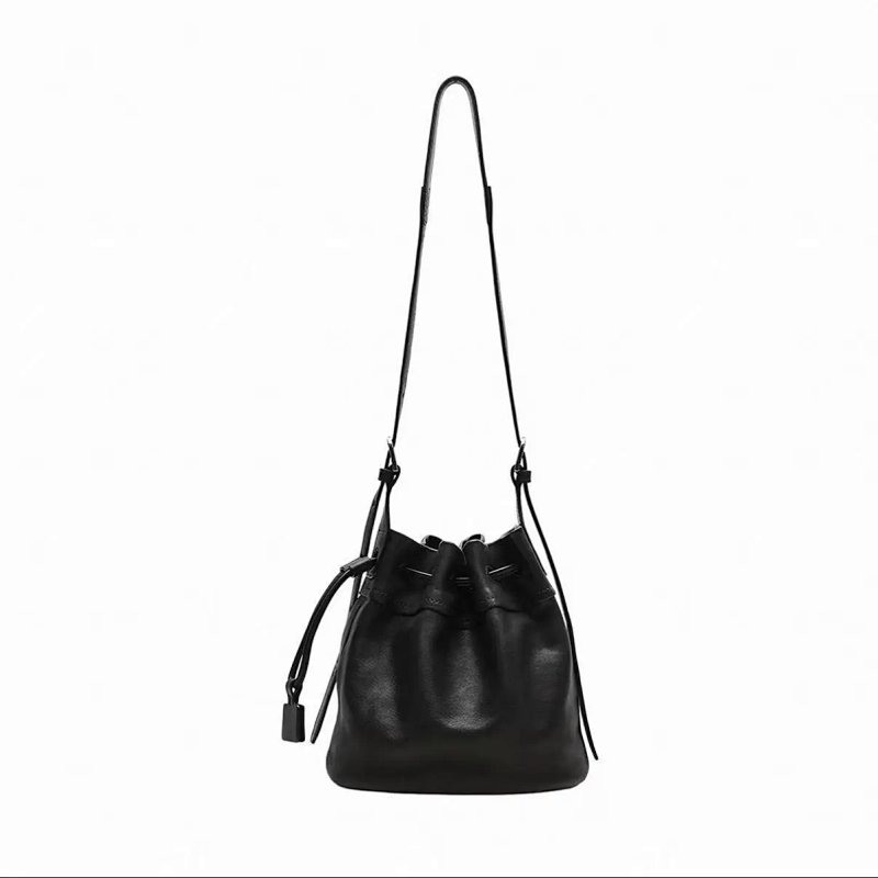 Bucket Bag Black Leather Drawstring Shoulder Bag Handbags