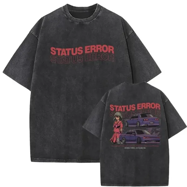 Design Status Error Anime Car Graphic Oversized Washed Black T-Shirt - 1