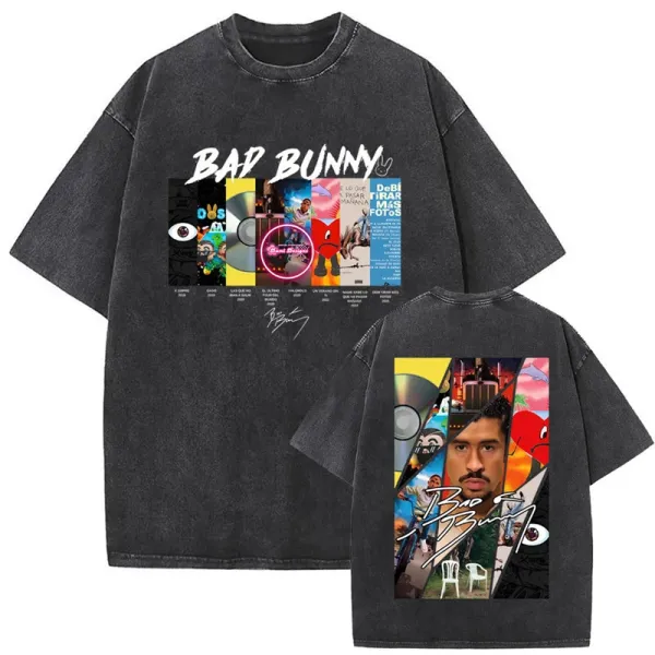 Design Bad Bunny Collage Print Washed Black T-Shirt T-Shirts - 1