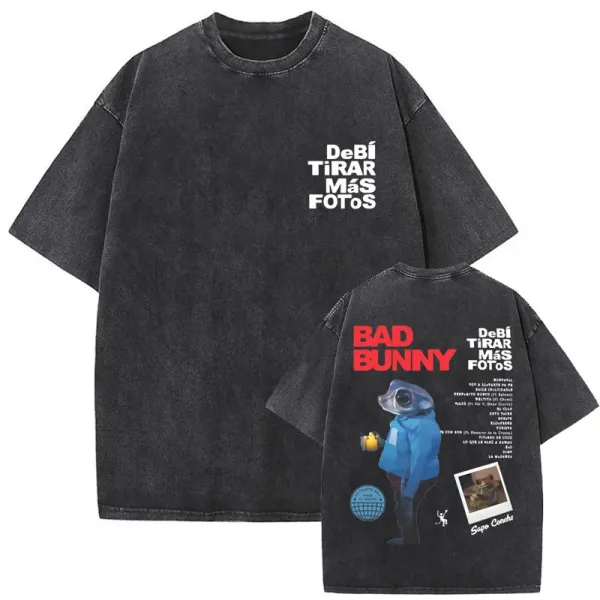 Design Bad Bunny x Sapito Conche 'Debí Tirar Más Fotos' Oversized Washed Black T-Shirt T-Shirts - 1