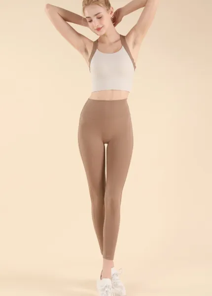 Design Seamless Cross-Back Sports Bra and High-Waisted Leggings Set Beige Activewear - 3