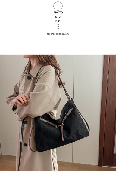 Design Suede Hobo Bag with Brown Leather Trim Black - 24
