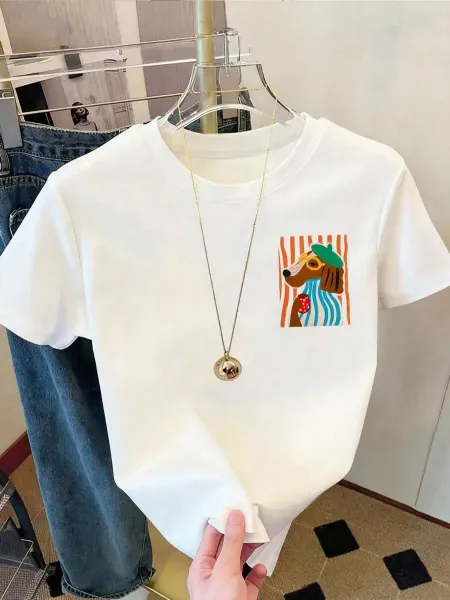 Design Striped Cherry Print Cropped T-Shirt White - 7