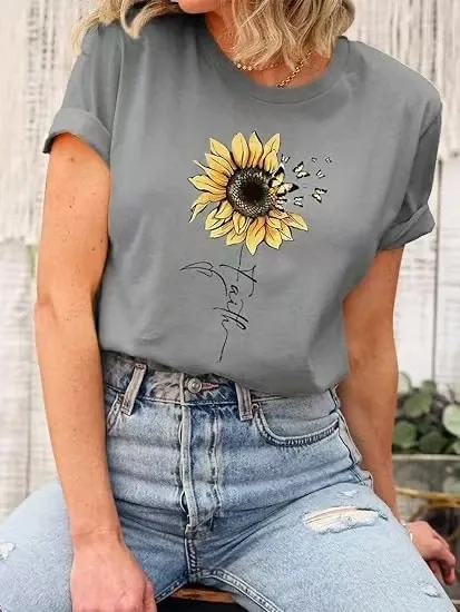 Design Sunflower Graphic Print Gray T-Shirt - 1