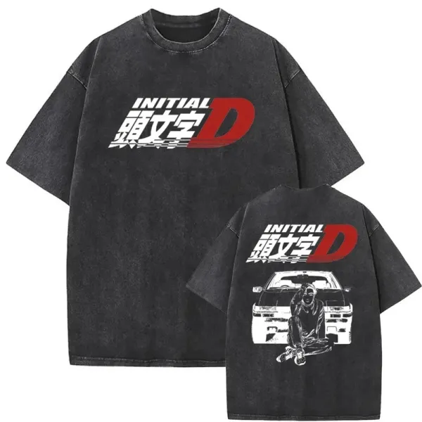 Design Initial D Graphic Print Washed Black T-Shirt T-Shirts - 1