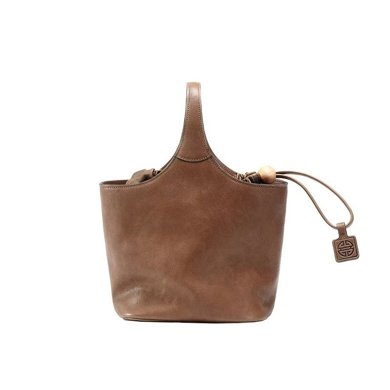 Bucket Bag with Drawstring Closure Brown Leather Handbags