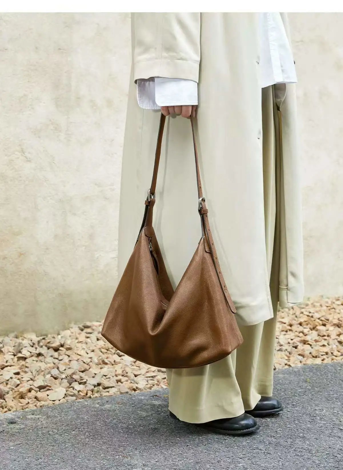 Design Triangle Hobo Bag Brown Leather Shoulder Bag - 7
