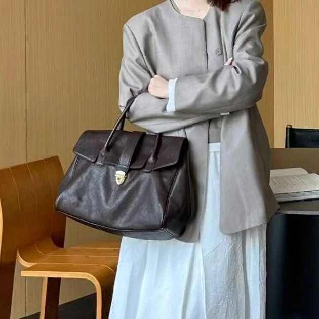 [Celebrity Style] Qiuzhen Women's Leather Briefcase Handbag Vintage Large Capacity Commuter Vegetable-Tanned Cowhide Bag