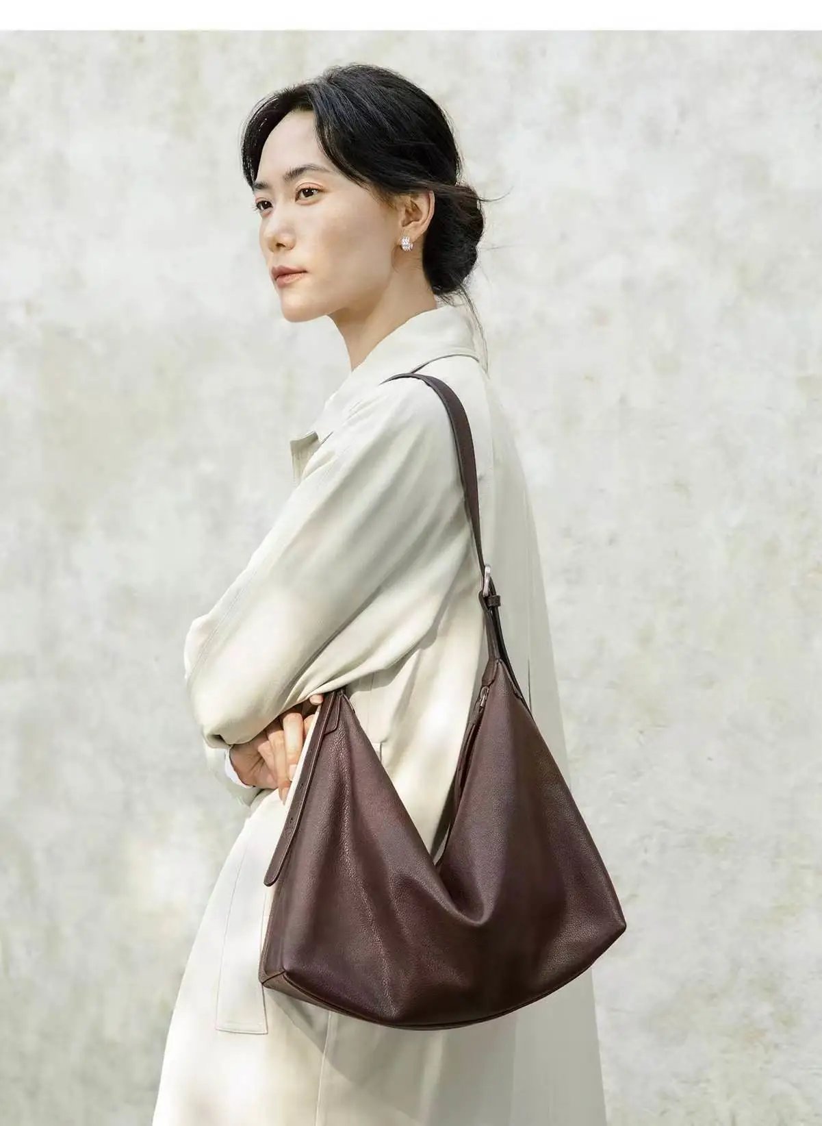 Design Triangle Hobo Bag Brown Leather Shoulder Bag - 16