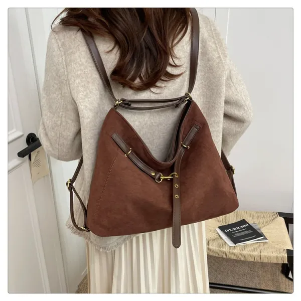 Design Suede Hobo Bag with Brown Leather Trim Black - 23