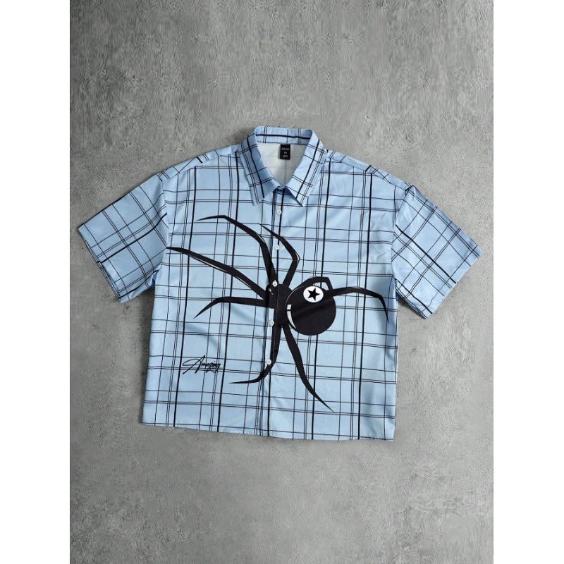 Spider! Spider! Grid Print Short-Sleeve Shirt Blue