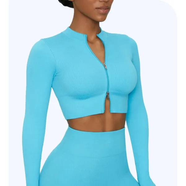 Design Cropped Zip-Front Ribbed Long Sleeve Top in Cyan - 1