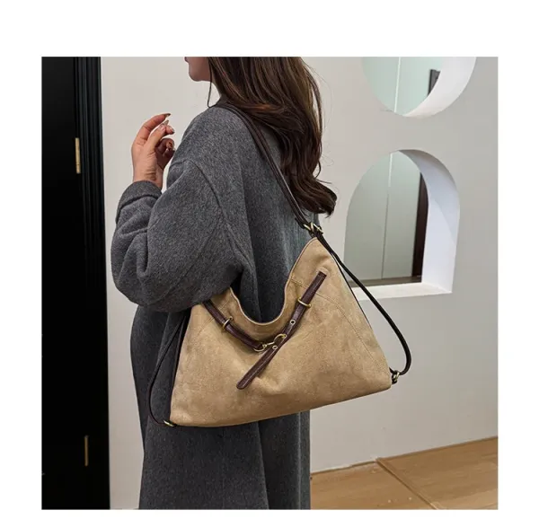 Design Suede Hobo Bag with Brown Leather Trim Black - 27