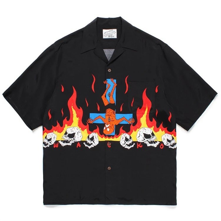 Design Wacko Maria Hawaiian Shirt Black Multicolor Graphic Print Shirt - 2