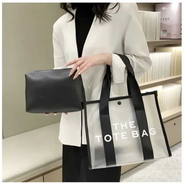 Design Transparent Tote Bag with Black Straps and 'THE TOTE BAG' Print Tote Bag - 18