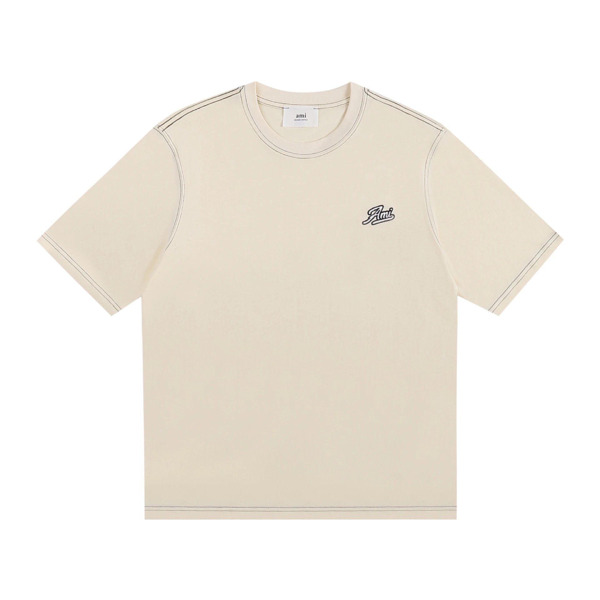 AMI Paris Logo Embroidered Beige T-Shirt - 18