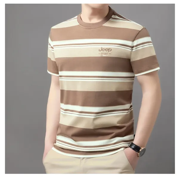Design Jeep Spirit Striped Crewneck T-Shirt Army Green Beige T-Shirts - 10