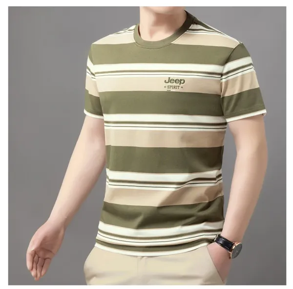 Design Jeep Spirit Striped Crewneck T-Shirt Army Green Beige T-Shirts - 18