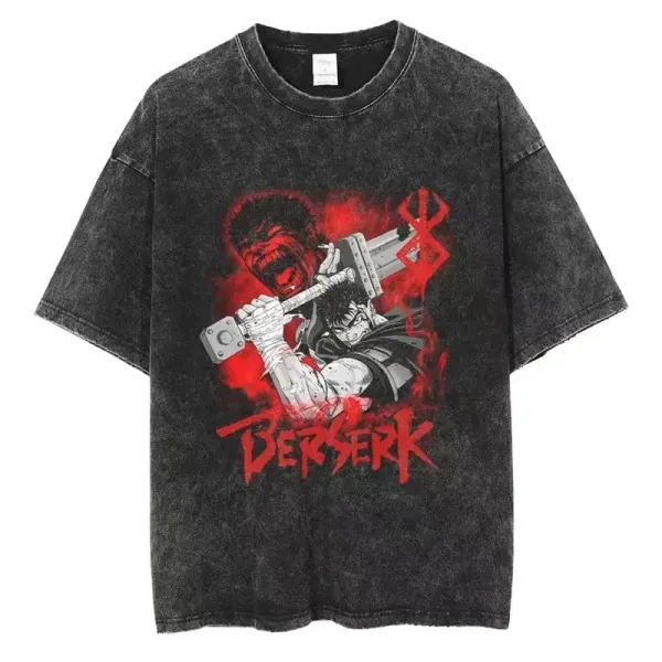 Design Berserk Graphic Print Acid Wash T-Shirt Black Tops.t Shirts - 1