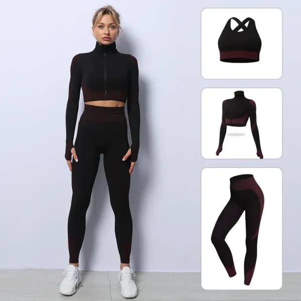 Design High-Neck Zip-Up Crop Top and Leggings Set Black Burgundy Activewear - 1