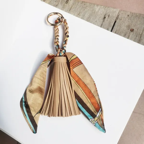 Design Silk Scarf Tassel Keychain Beige Multicolor Accessories - 1