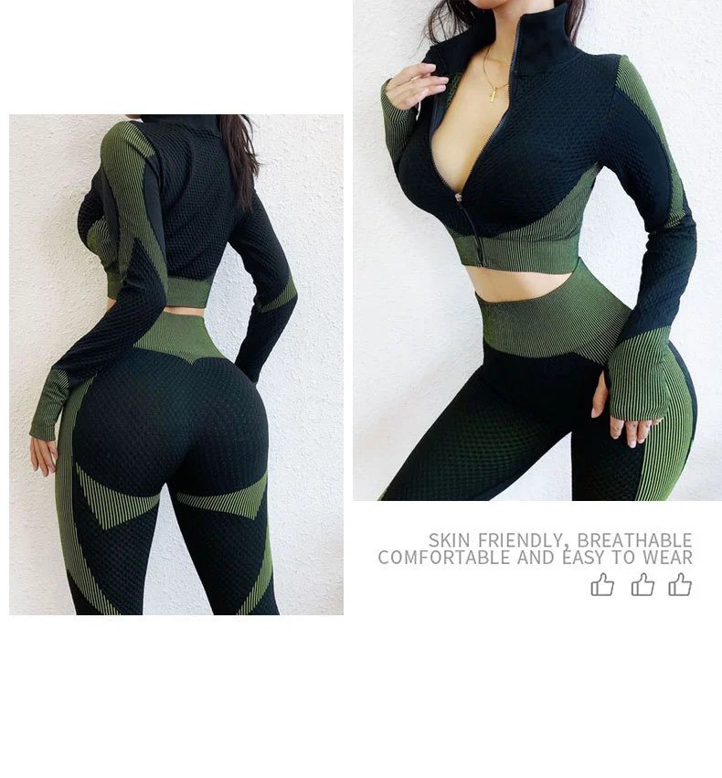 Design High-Neck Zip-Up Crop Top and Leggings Set Navy Black Activewear - 12