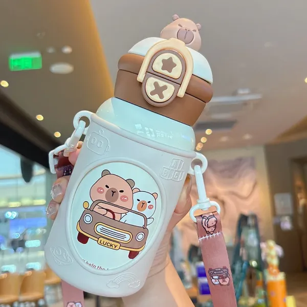 Design Capybara Car Illustration Kids Water Bottle with Strap Crossbody Bags - 1