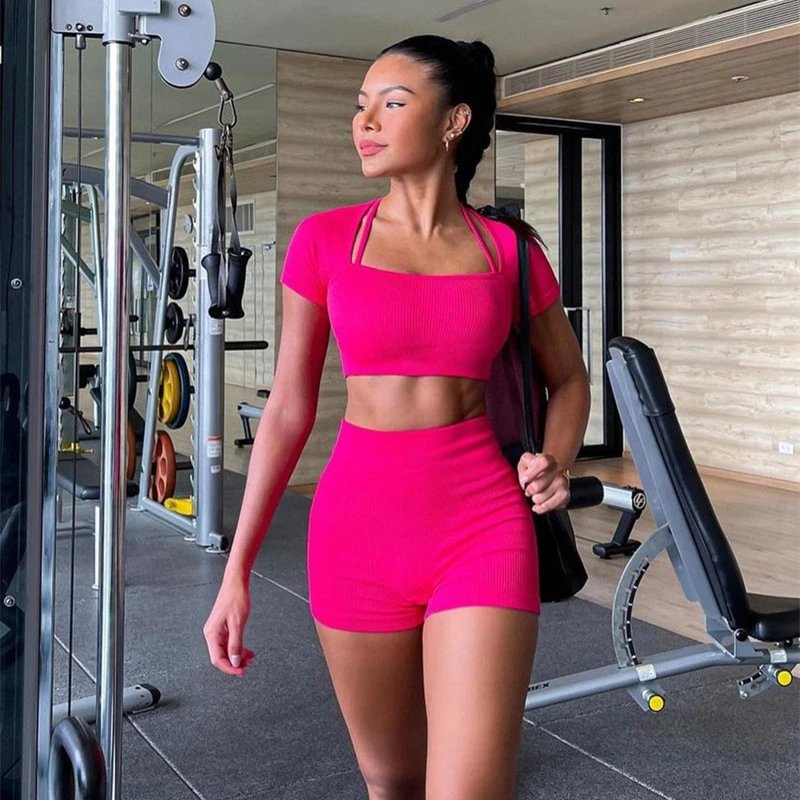Design Purple High-Waisted Ribbed Activewear Shorts Activewear - 2