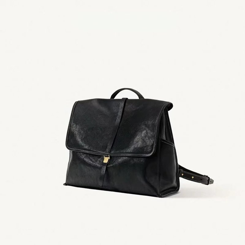 Minimalist Leather Flap Backpack Black