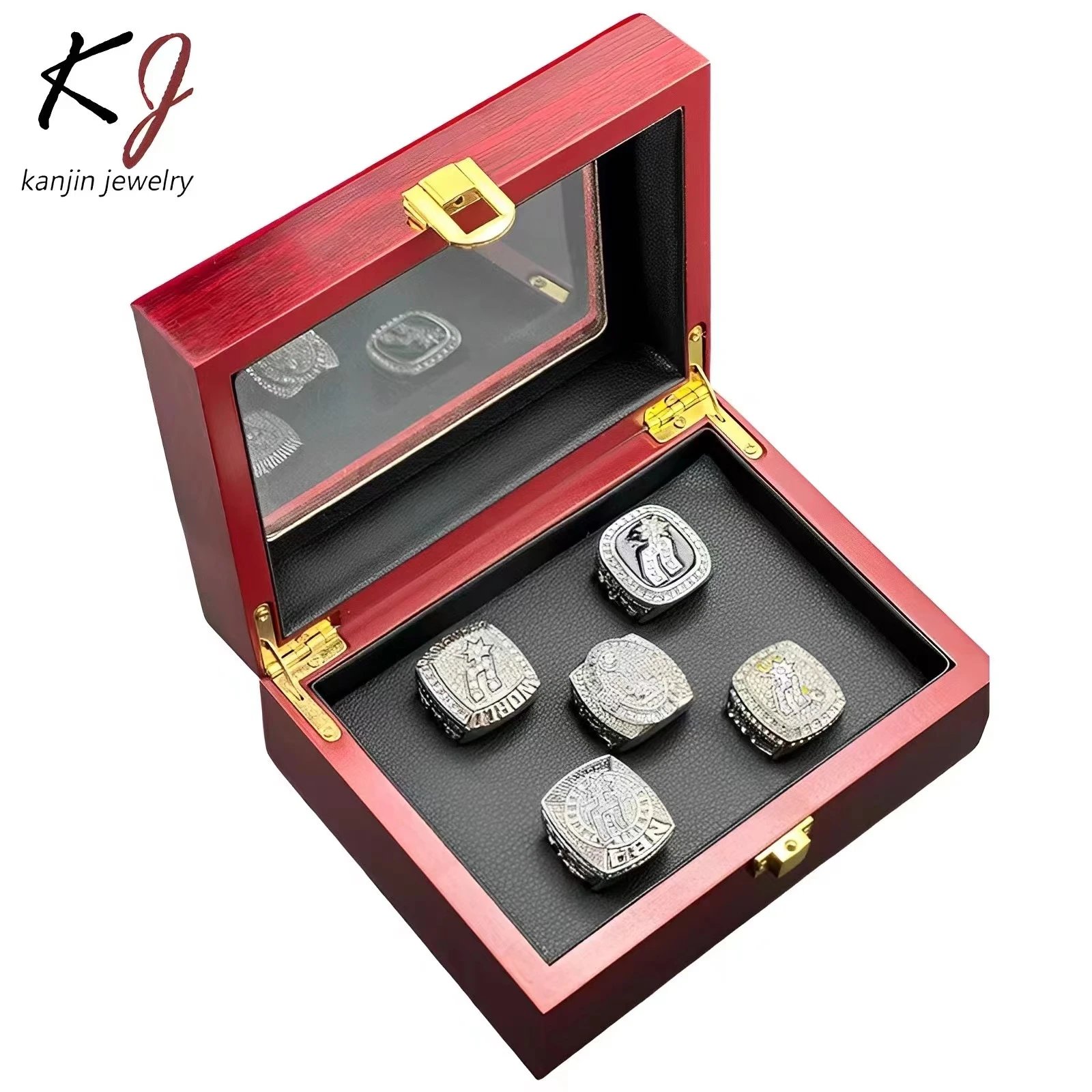 Design Kanjin Jewelry NBA Championship Rings Collection Red Wooden Display Box Set Jewelry - 3