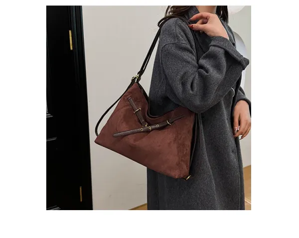 Design Suede Hobo Bag Black with Brown Leather Trim - 26