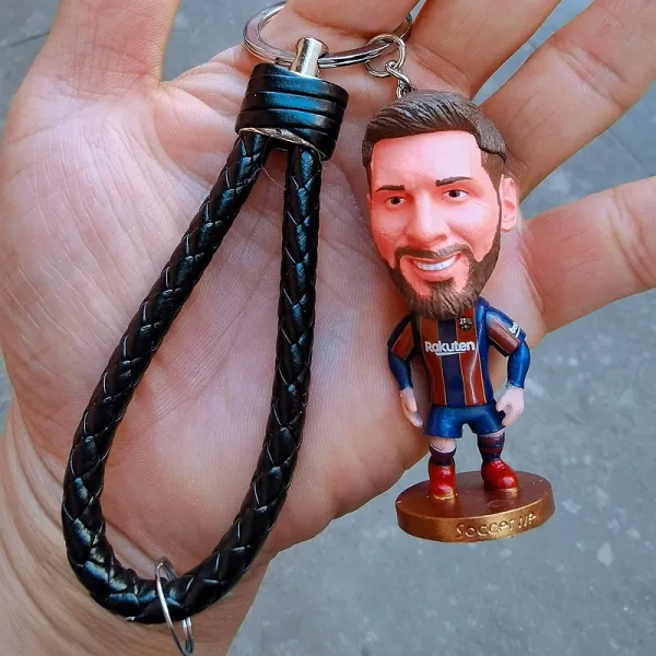 FC Barcelona Lionel Messi Bobblehead Keychain with Braided Leather Strap Accessories - 1