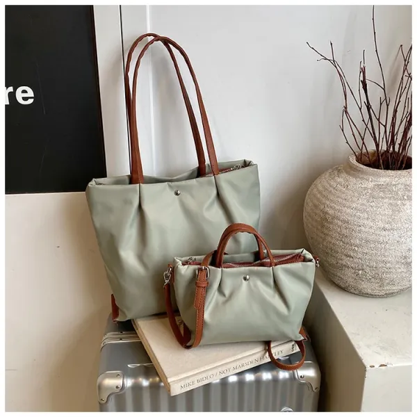 Design Tote Bag White with Brown Leather Handles - 24
