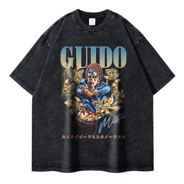 Design Guido Mista Graphic Print Acid Wash Denim T-Shirt - 1