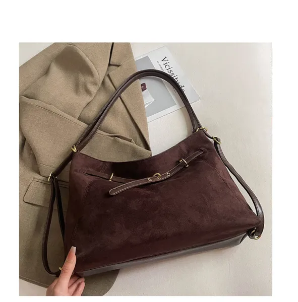 Design Suede Hobo Bag Black with Brown Leather Trim - 38
