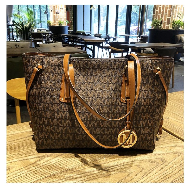 Michael Kors Jet Set Travel Tote Brown Monogram Canvas Handbag Tote Bag - 24