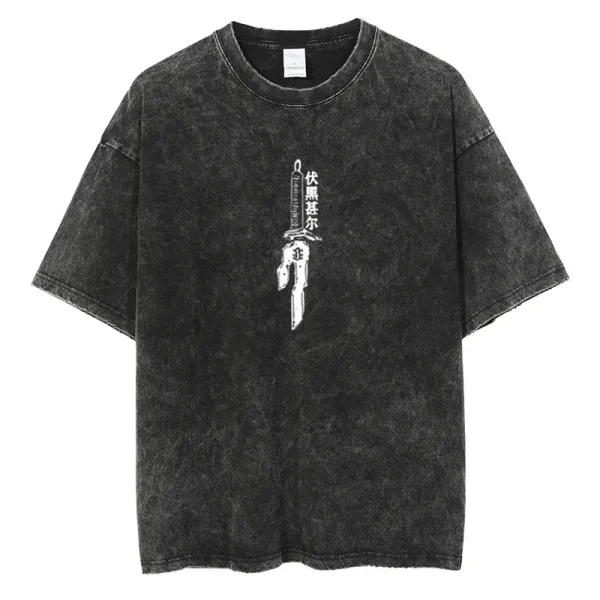 Design Dagger Print Acid Wash Black T-Shirt - 1