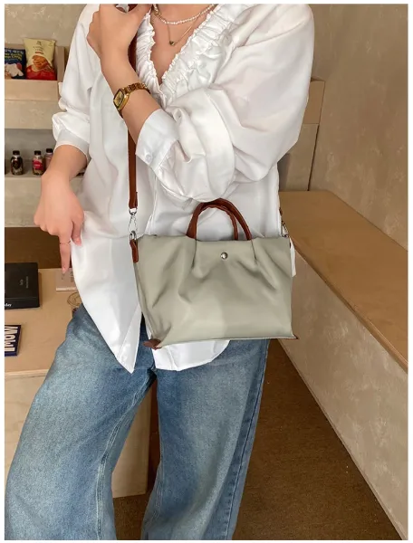 Design Tote Bag White with Brown Leather Handles - 34