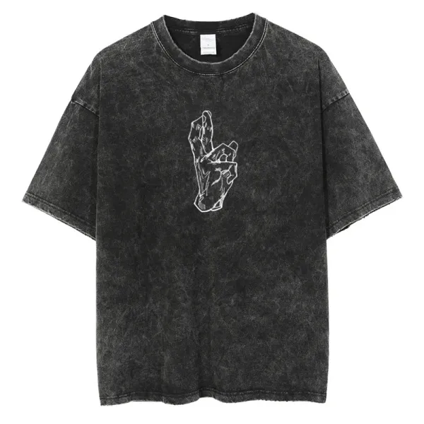 Design Acid Wash T-Shirt with Crystal Hand Print Black T-Shirt - 1