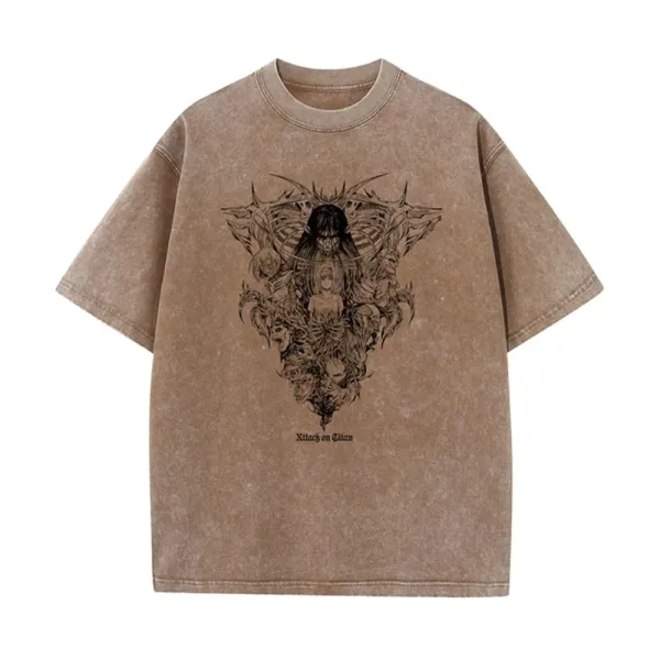 Design Attack on Titan Graphic Print Washed Brown T-Shirt T-Shirts - 1