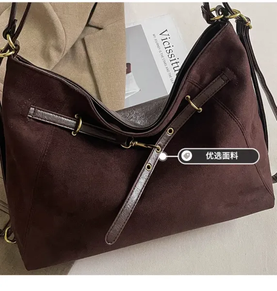 Design Suede Hobo Bag Black with Brown Leather Trim - 7
