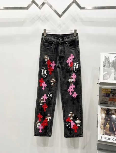 Chrome Hearts x Custom Embroidered Cross & Skull Motif Black Distressed Jeans - 1