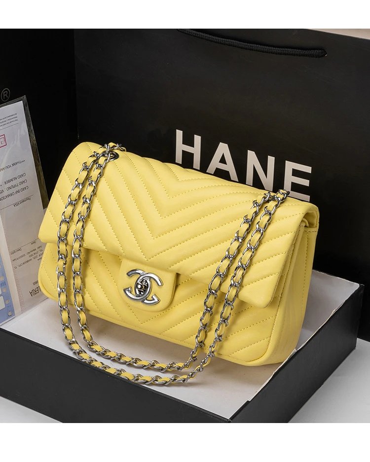Chanel Classic Flap Bag Yellow Chevron Quilted Chain Shoulder Bag - 5