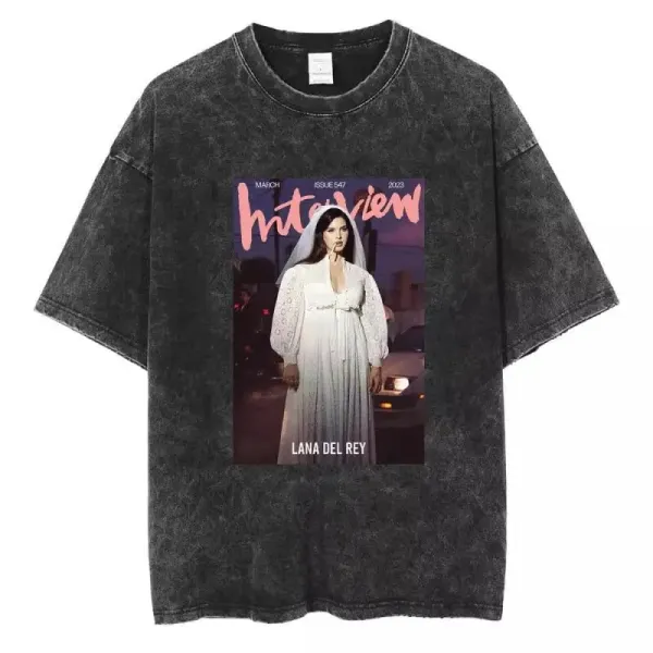 Design Interview Magazine Cover Print Acid Wash Black T-Shirt - 1