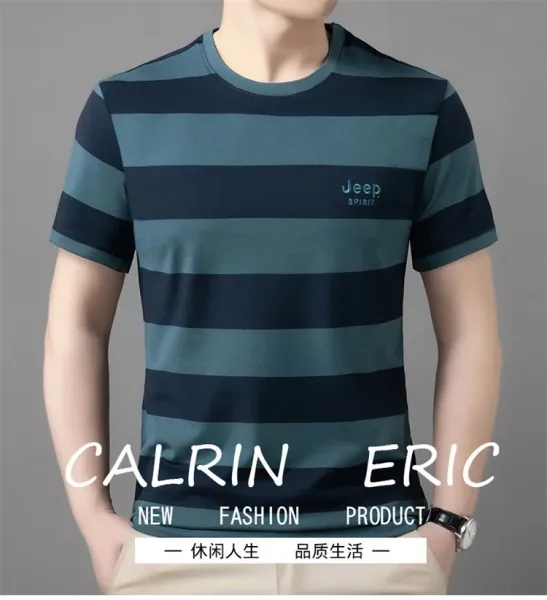 Design Jeep Spirit Striped Crew Neck T-Shirt Brown and Navy T-Shirts - 5