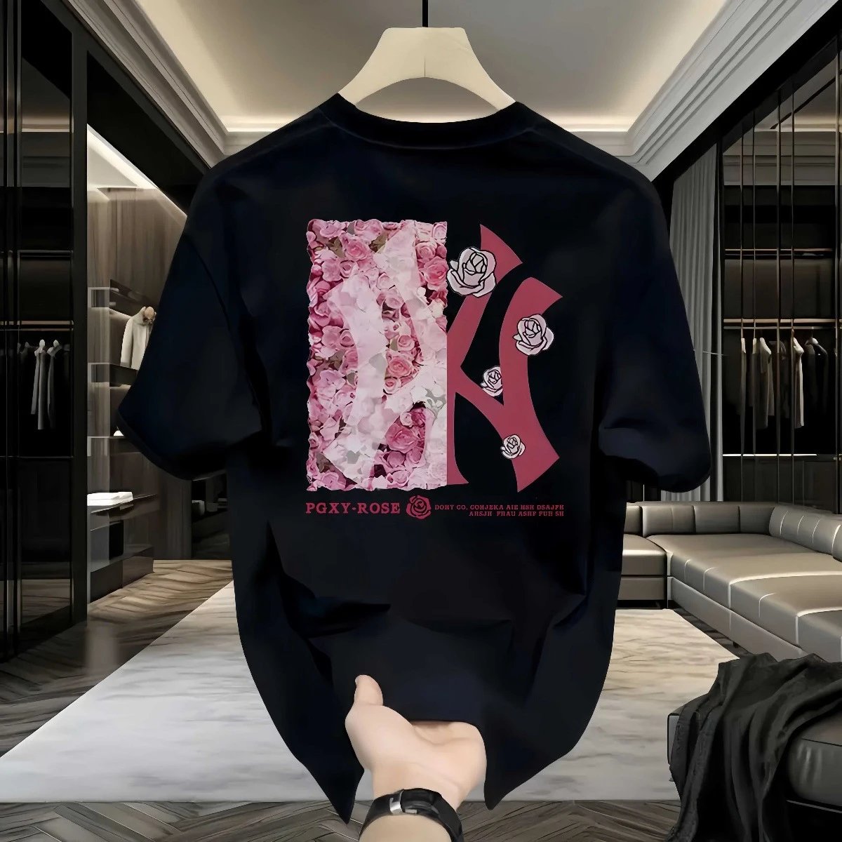 Design PGXY-ROSE Floral Logo Graphic Black T-Shirt T-Shirts - 14