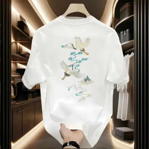 Design Crane Embroidery Black T-Shirt - 4
