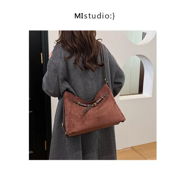 Design Suede Hobo Bag Black with Brown Leather Trim - 14